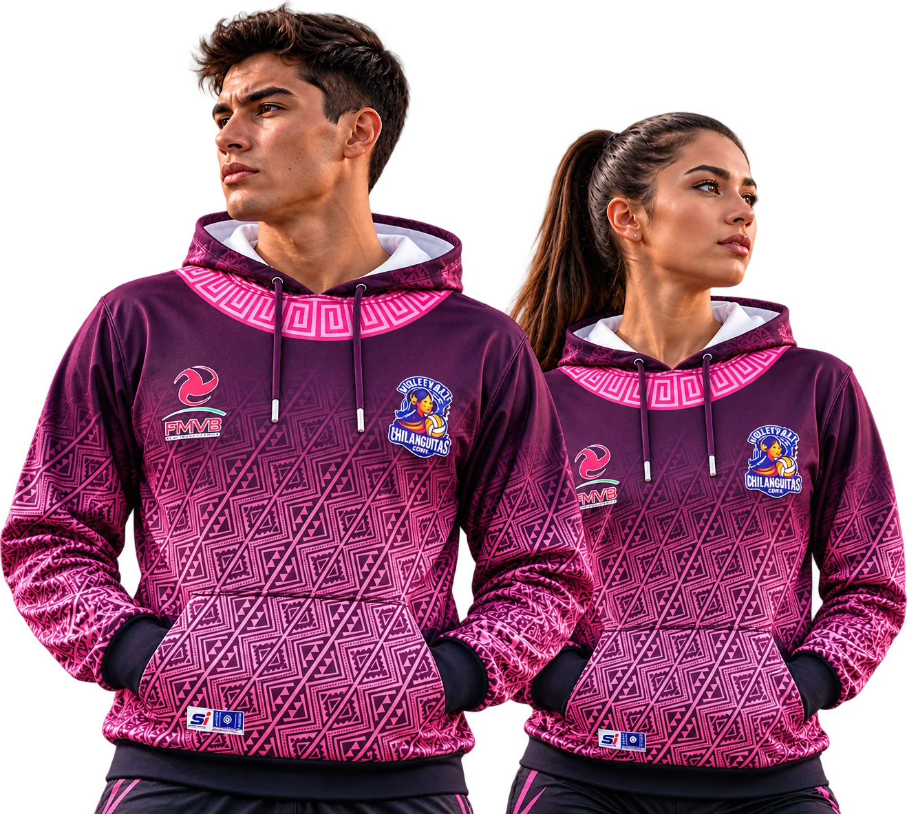 Pareja de modelos con sudaderas sublimadas en tonos rosa y morado de Chilanguitas CDMX